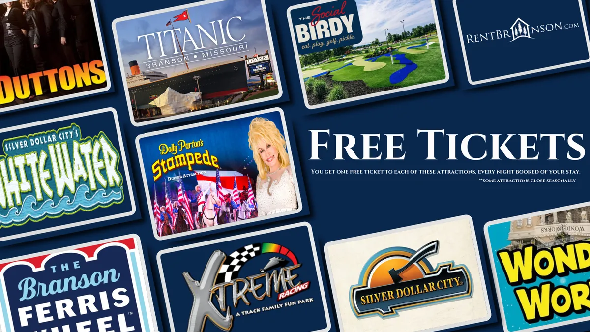 This image features vibrant attraction logos and a prominent 'free tickets' message, immediately evoking the excitement of visiting Branson's top family destinations like Silver Dollar City, Table Rock Lake, and Dogwood Canyon. The vivid colors and energetic mood reflect family entertainment and adventure, setting the stage for the section's promise of memorable outings.