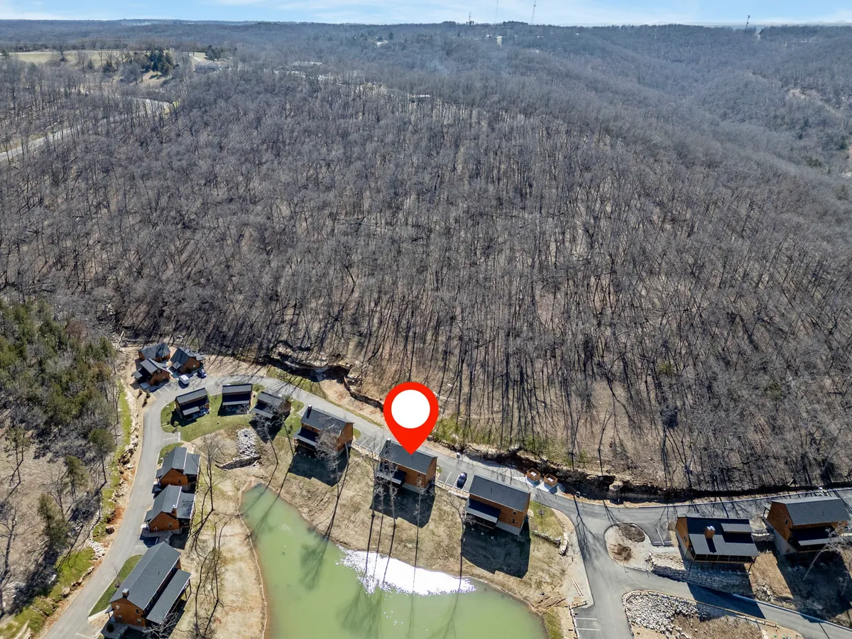 This exterior shot features the wooden cabins set beside a calm water surface, surrounded by lush forest. The setting is tranquil and inviting, with clear access to nearby nature trails and abundant green space ideal for walks with a pet.